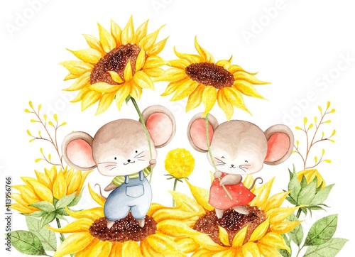 Watercolor mouse with sunflower vector