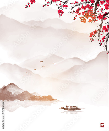 Oriental landscape with sakura blossom, high misty mountains and fishing boat. Traditional oriental ink painting sumi-e, u-sin, go-hua.