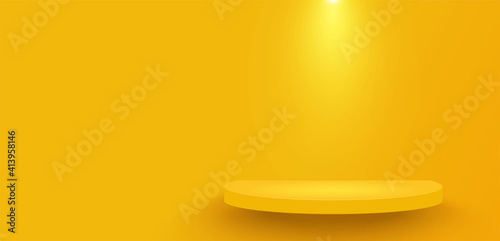 Yellow platform decorated with lighting on yellow wall background. Pedestal scene with for product, advertising, show. Semicircular geometric base for your graphic. Copy space. Vector illustration.