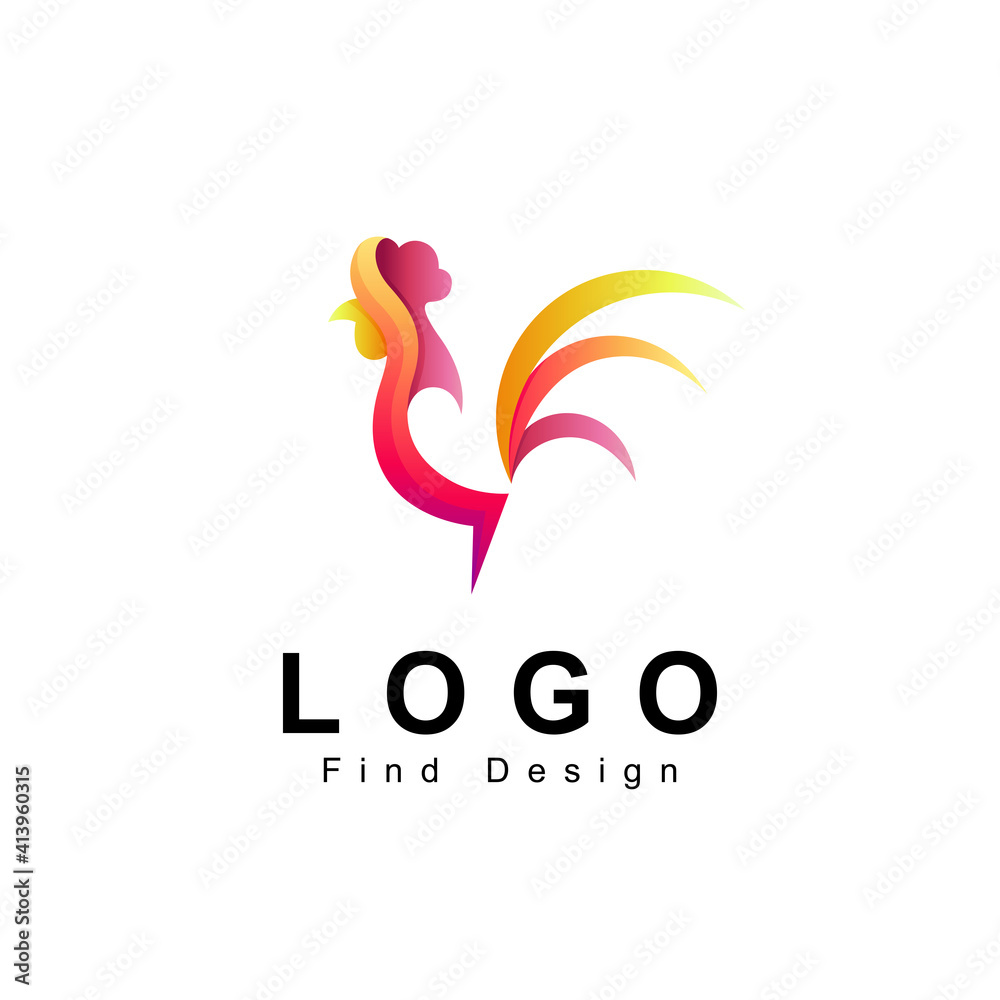rooster logo design with 3d in red and yellow color