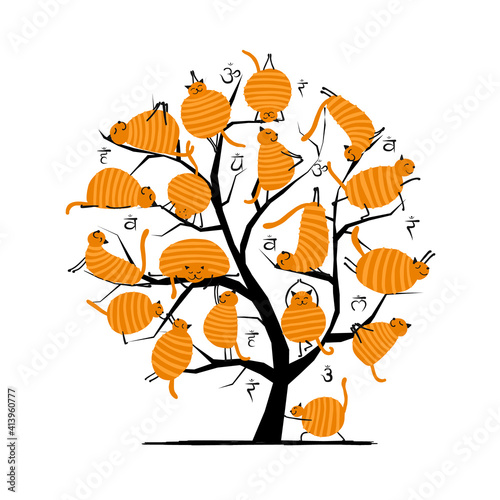 Funny cats doing yoga. Art tree isolated on white for your design