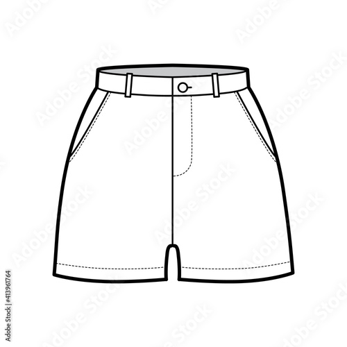 Short pants technical fashion illustration with mid-thigh length, normal waist, high rise, slashed pocket. Flat bottom apparel template front, white color style. Women, men, unisex CAD mockup
