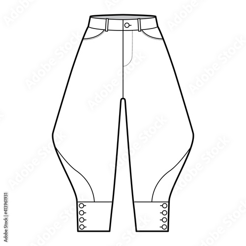 Riding breeches short pants technical fashion illustration with knee length, normal waist, high rise, curved pocket, buttoned. Flat bottom template front, white color style. Women, men CAD mockup