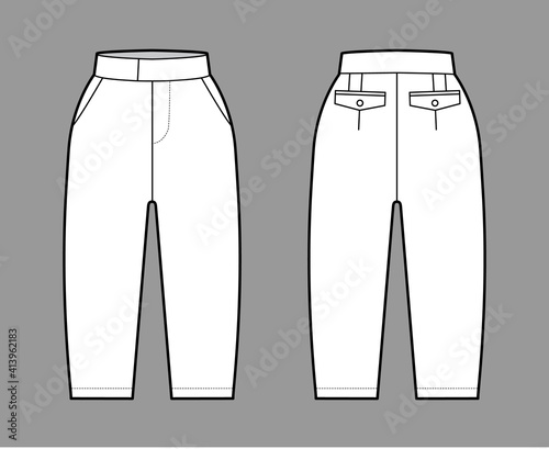 Short capri pants technical fashion illustration with knee length, normal waist, high rise, slashed pocket, extended waistband. Flat bottom template front, back white color style. Women men CAD mockup