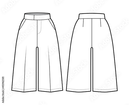 Short Bermuda dress pants technical fashion illustration with knee length, single pleat, normal waist, high rise, slashed pocket. Flat bottom template front, back, white color style. Women, CAD mockup