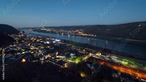 Rhine River Between The Municipality Of Brohl-Lutzing And Rheinbrohl During Blue Hour In Germany. - ultrawide timelapse photo