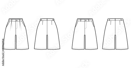 Set of Shorts baggy Bermudas dress pants technical fashion illustration with knee length, single pleat, normal low waist, high rise. Flat bottom template front, back, white color. Women men CAD mockup photo