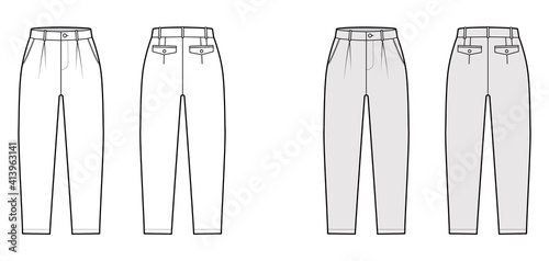 Capri pants technical fashion illustration with belt loops, mid-calf length, normal waist, high rise, slashed, flap pocket. Flat breeches bottom front, back, white grey color. Women, men CAD mockup