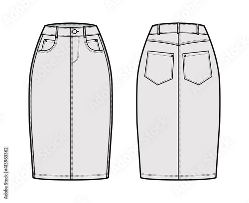 Denim pencil skirt technical fashion illustration with knee length, normal waist, high rise, curved, coin and angled pockets. Flat bottom template front, back, white color style. Women, men CAD mockup