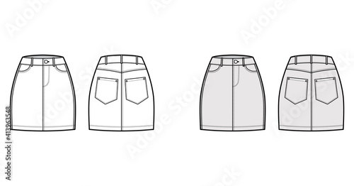 Denim skirt technical fashion illustration with mini length, normal waist, high rise, curved and angled pockets. Flat bottom template front, back, white grey color style. Women, men, unisex CAD mockup