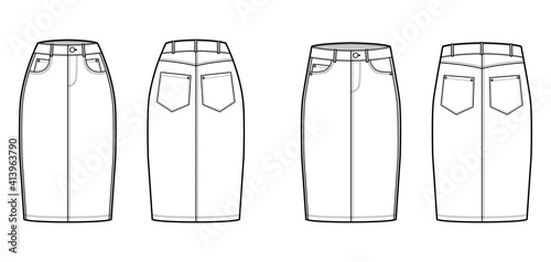 Set of Denim pencil skirts technical fashion illustration with knee length, low high normal waist rise, 5 pockets. Flat bottom template front, back, white color style. Women, men unisex CAD mockup