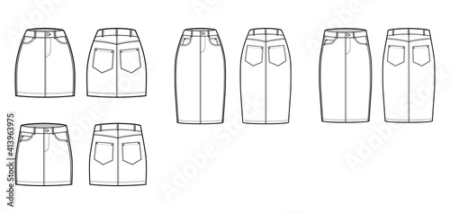 Set of Denim skirts technical fashion illustration with mini, knee length, low high waist rise, 5 pockets, fitted body. Flat bottom template front, back, white color style. Women men unisex CAD mockup
