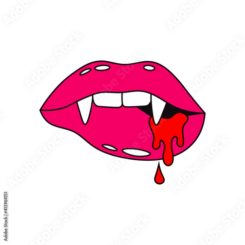Vampire female mouth, pink lips and teeth with red blood drops, vector illustration.