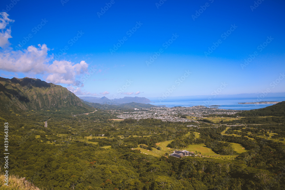 Kaneohe view at Nuuanu Pali Lookout, Oahu Hawaii