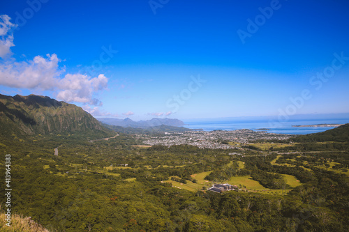 Kaneohe view at Nuuanu Pali Lookout, Oahu Hawaii