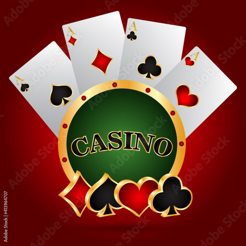 Playing cards with golden casino chip, gambling background, vector illustration.