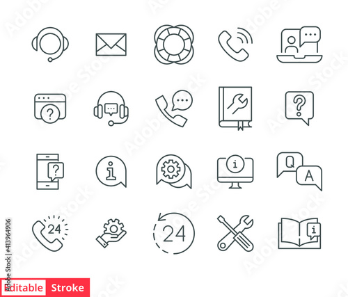 Help and support line icon set. Simple outline style symbol for web template and app. Online service and call center concept. Vector illustration isolated on white background. Editable stroke EPS 10