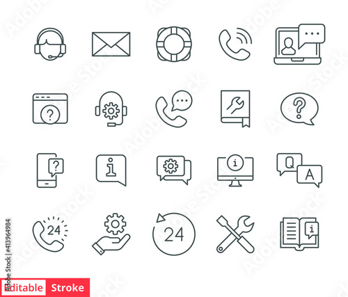 Help and support line icon set. Simple outline style symbol for web template and app. Online service and call center concept. Vector illustration isolated on white background. Editable stroke EPS 10