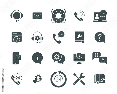 Help and support glyph icon set. Simple solid style symbol for web template and app. Online service, call center, contact phone concept. Vector illustration isolated on white background. EPS 10