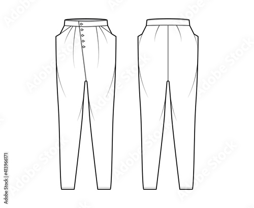 Tapered Baggy pants technical fashion illustration with low waist, rise, slash pockets, draping front, full lengths. Flat bottom apparel template back, white color style. Women, men, unisex CAD mockup