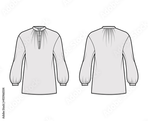 Over blouse technical fashion illustration with bouffant long sleeves, stand halter gathered collar, oversized. Flat apparel top template front, back, grey color. Women, men unisex CAD mockup