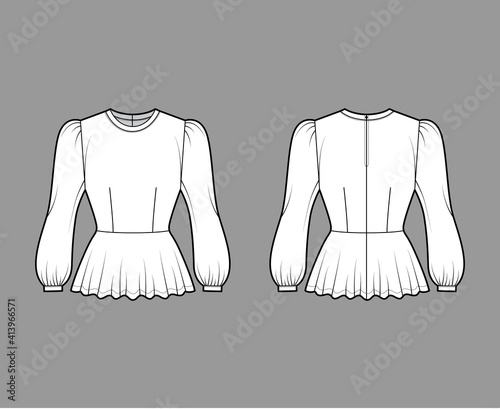 Peplum blouse technical fashion illustration with bouffant long sleeves, scoop neck, fitted body. Flat shirt apparel top template front, back, white color. Women, men unisex CAD mockup