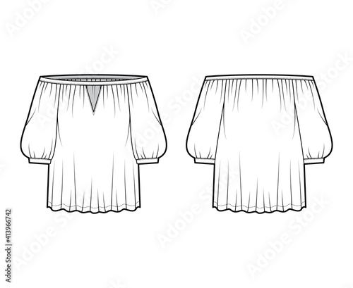 Off-the-shoulder blouse Bardot technical fashion illustration with bouffant elbow sleeves, oversized. Flat apparel top template front, back, white color. Women, men unisex CAD mockup