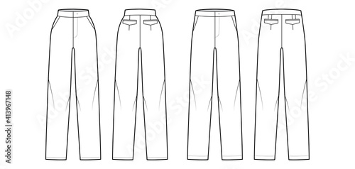 Set of Pants straight technical fashion illustration with flat front, low normal waist, high rise, full length, pockets. Flat trousers apparel template back, white color. Women, men, unisex CAD mockup
