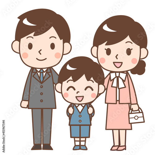 入学式の親子　お父さんとお母さんと男の子