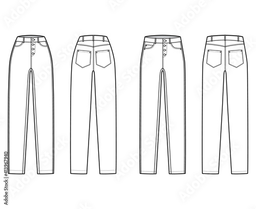 Set of Jeans botton fly tapered Denim pants technical fashion illustration with full length, normal low waist, high rise, 5 pockets. Flat bottom template front back, white color style. Women, men CAD