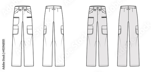 Set of Ski pants technical fashion illustration with low waist, rise, zipper pockets, belt loops, full lengths. Flat bottom apparel template front back, white, grey color style. Women, men, unisex CAD