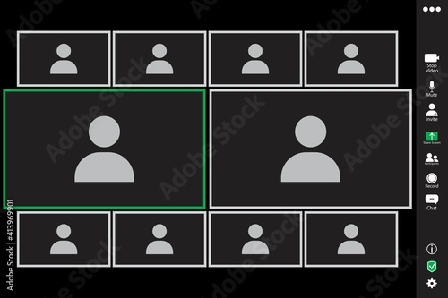 Zoom for ten participants. The desktop of the program for communication. Conference interface. Two active participants. Stock image. EPS 10.