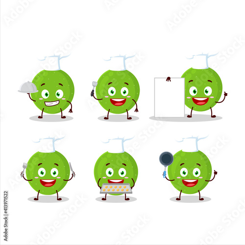 Cartoon character of alibertia fruit with various chef emoticons