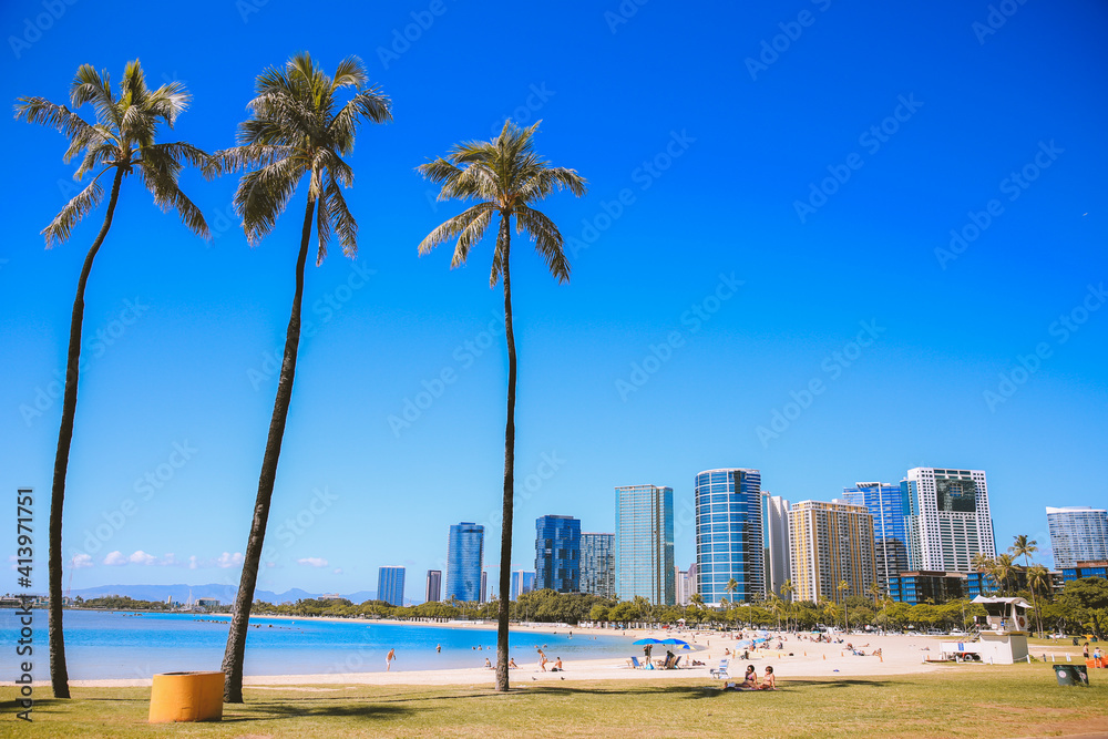 Palm trees at Ala Moana Regional Park, Honolulu, Oahu, Hawaii. The