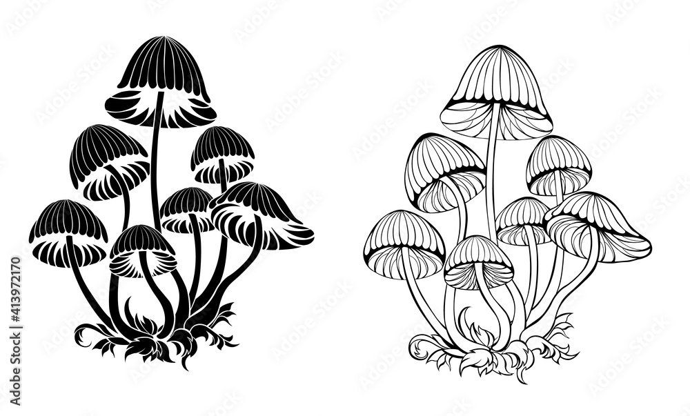 Silhouette hallucinogenic mushrooms - obrazy, fototapety, plakaty 