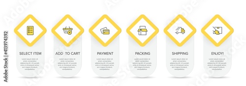 Concept of shopping process with 6 successive steps. Six colorful graphic elements. Timeline design for brochure, presentation, web site. Infographic design layout.