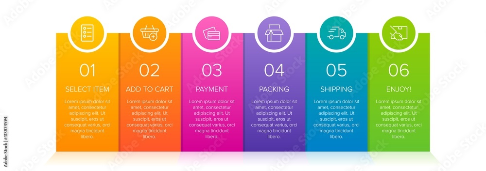 Concept of shopping process with 6 successive steps. Six colorful graphic elements. Timeline design for brochure, presentation, web site. Infographic design layout. Concept of shopping process with 6 successive steps. Six colorful graphic elements. Timeline design for brochure, presentation, web site. Infographic design layout.