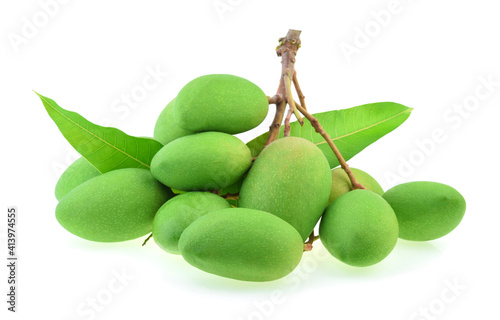 Green mangoes with leafs isolated on white background for sour fruits