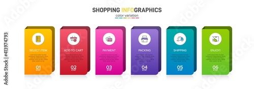 Concept of shopping process with 6 successive steps. Six colorful graphic elements. Timeline design for brochure, presentation, web site. Infographic design layout.