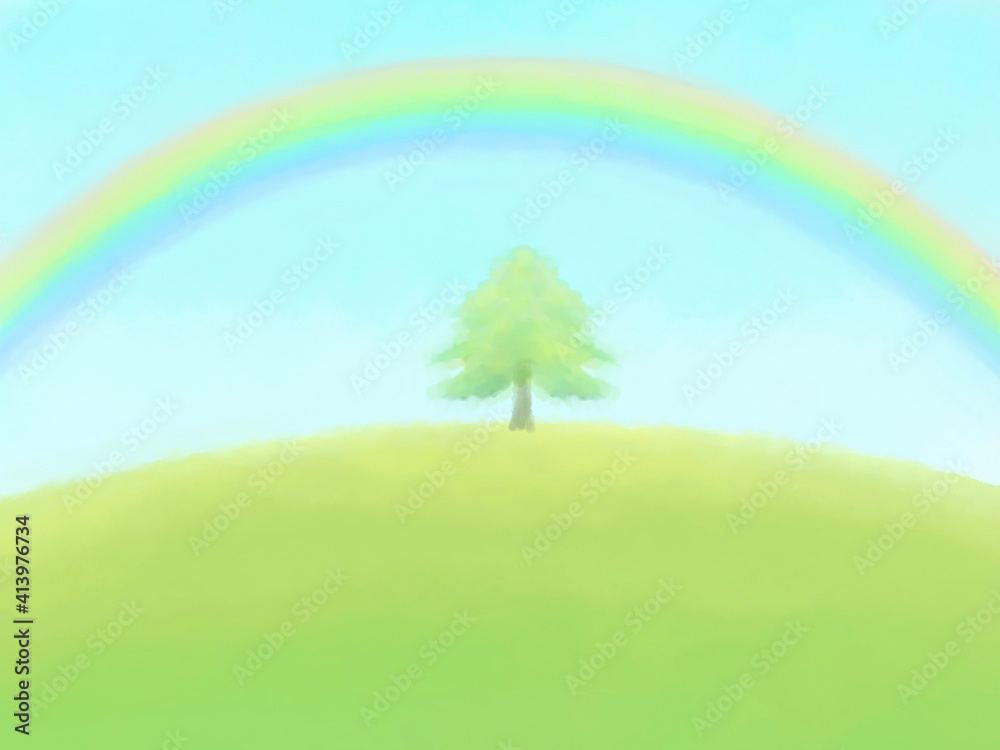 草原にかかる虹　水彩イラスト