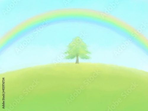 草原にかかる虹 水彩イラスト