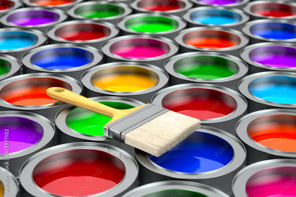 paintbrush and cans with colour. 3D illustration paintbrush and cans with colour. 3D illustration