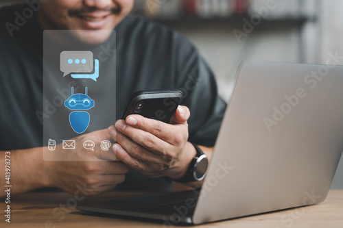 businessman using mobile phone chatbot for provide access to information and data online network, robot application and global connection, AI, Artificial intelligence, innovation and technology.