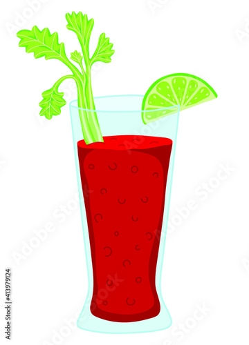 tomato juice or bloody mary, with lime and celery. flat illustration  isolated