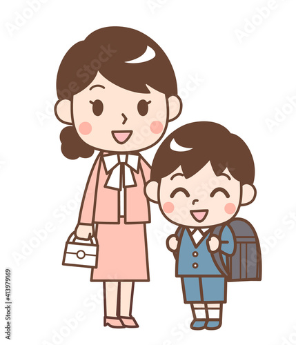 入学式の笑顔のお母さんと男の子