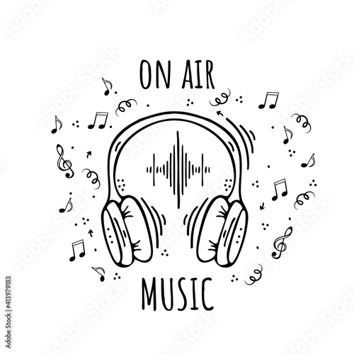 Headphones to listen to podcast, music, radio, interviews. Online concept. Modern doodle scetch vector illustration for blogger. Digital background. Lettering vector.