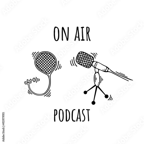 Microphone podcast doodle. Online concept. Modern scetch vector illustration for blogger. Digital background.