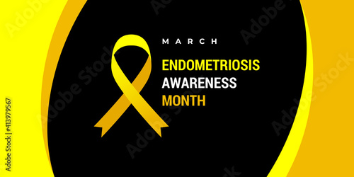 Endometriosis awareness month. Vector banner, poster, flyer, greeting card for social media with text March Endometriosis awareness month. Illustration with yellow ribbon on black background.