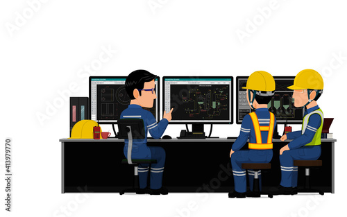 An industrial worker is training his trainees about operation process