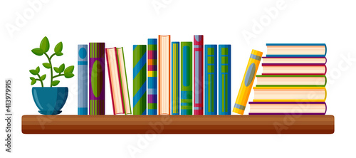 Shelf with books and potted plant. Read lover shelf in cartoon style. Vector illustration isolated on white background